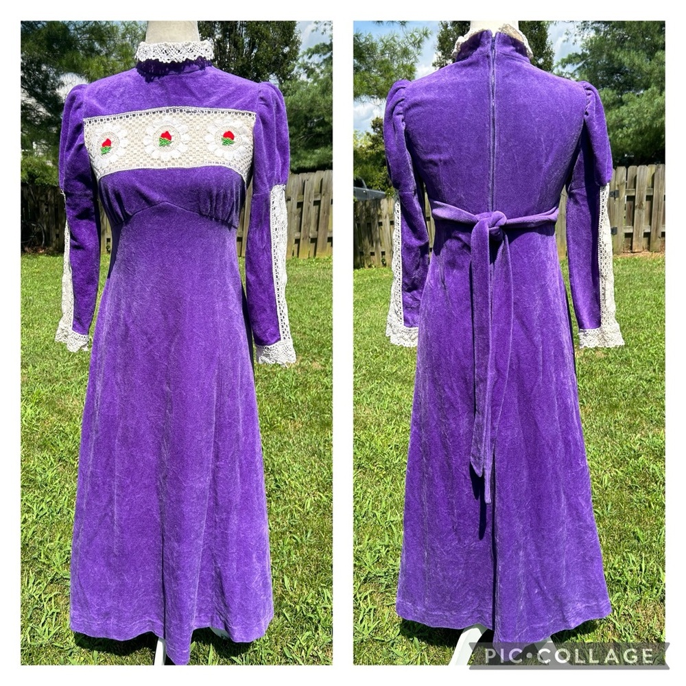 Vintage 70s Purple Puff Sleeve Lace Trim Strawberry Hippie Maxi Dress S